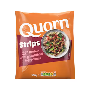 A packet of Quorn Vegetarian Steak Strips showing the plated product and information on an orange and charcoal background.