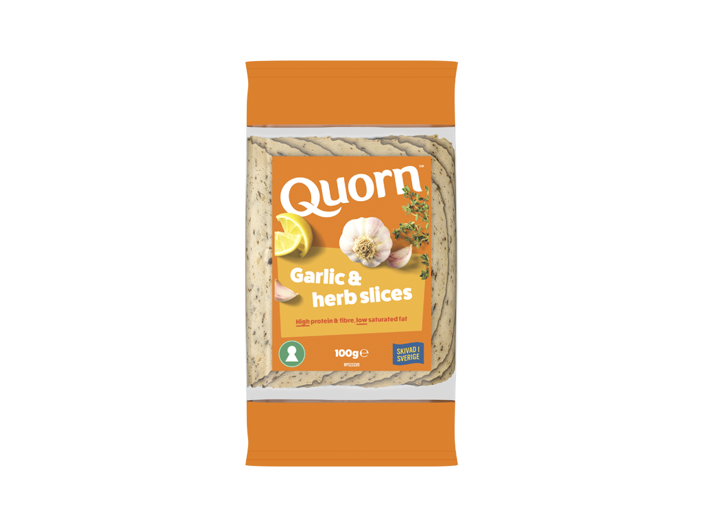 Orange Quorn Garlic & Herb Slices peel and reseal packaging, with a blue new product label and serving suggestion of lemon, shredded lettuce and garlic.