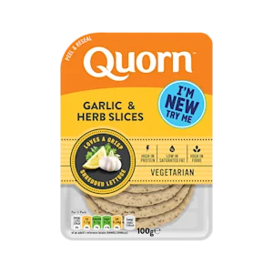 Orange Quorn Garlic & Herb Slices peel and reseal packaging, with a blue new product label and serving suggestion of lemon, shredded lettuce and garlic.