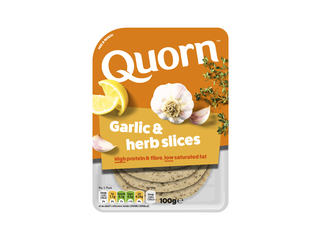 Orange Quorn Garlic & Herb Slices peel and reseal packaging, with a blue new product label and serving suggestion of lemon, shredded lettuce and garlic.