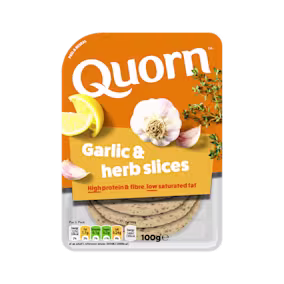 Orange Quorn Garlic & Herb Slices peel and reseal packaging, with a blue new product label and serving suggestion of lemon, shredded lettuce and garlic.