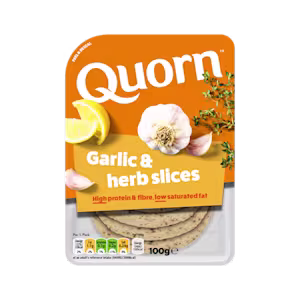 Orange Quorn Garlic & Herb Slices peel and reseal packaging, with a blue new product label and serving suggestion of lemon, shredded lettuce and garlic.