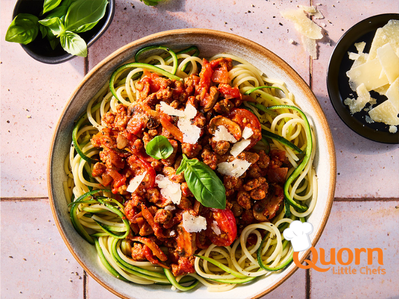 Quorn Courgetti Bolognese, made with Quorn Mince, carrots, mushrooms, celery and onion, served on a plate