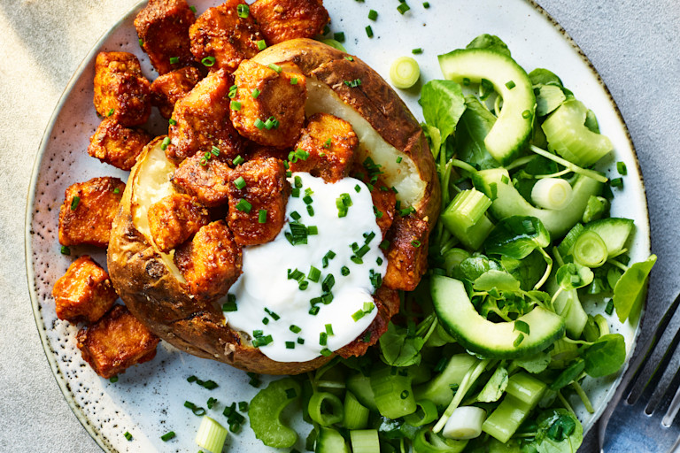 Jacket potato with Quorn Pieces in a BBQ sauce, with a salad on the side