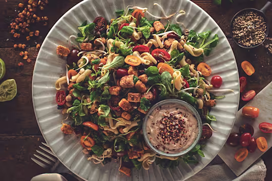 Picknick Vegetarisk sallad toppad med Quornbitar och hummus vid sidan.