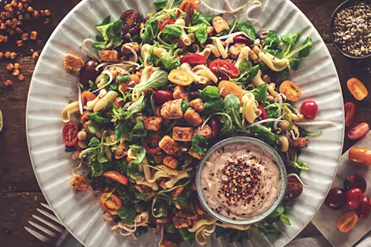 A picnic salad of pasta, black beans, chickpeas, sweetcorn, jalapeno, tomatoes, bean sprouts, and lettuce topped with marinated Quorn Pieces and sunflower seeds.