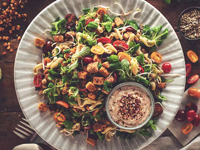 A picnic salad of pasta, black beans, chickpeas, sweetcorn, jalapeno, tomatoes, bean sprouts, and lettuce topped with marinated Quorn Pieces and sunflower seeds.