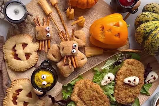 An assortment of foods including Sausage Roll Spiders, Air Fryer Pumpkin Pizza Pies, Pumpkin Peppers and Quorn Mozzarella & Pesto Vegetarian Escalopes.