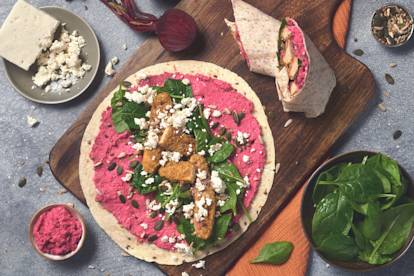 quorn sweet chipotle goujons and beetroot hummus wrap vegetarian recipe