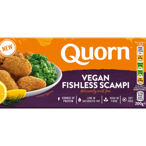 A box of Quorn Vegan Fishless Scampi showing the prepared and plated product and information on an orange and purple background.