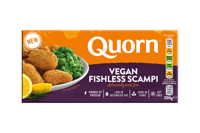 A box of Quorn Vegan Fishless Scampi showing the prepared and plated product and information on an orange and purple background.