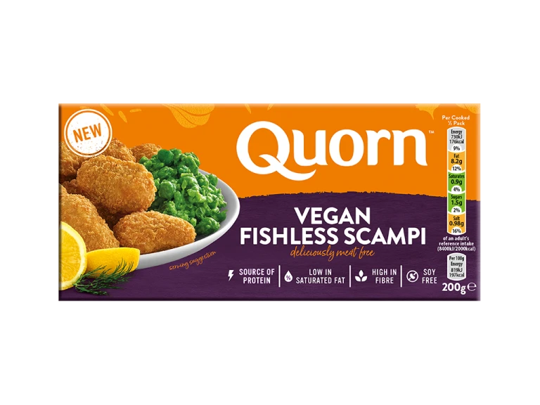 A box of Quorn Vegan Fishless Scampi showing the prepared and plated product and information on an orange and purple background.