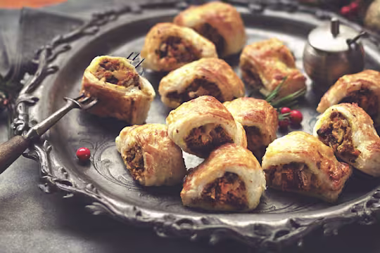 A serving plate with butternut squash sausage rolls with Quorn mince.
