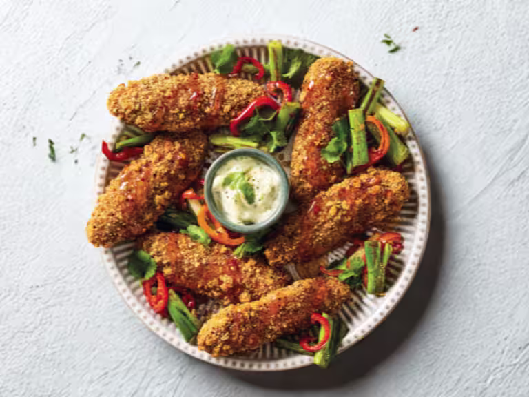 Quorn Salt and Pepper Tenders, served with hot honey-glazed baby red peppers and spring onions and a pot of mayonnaise.