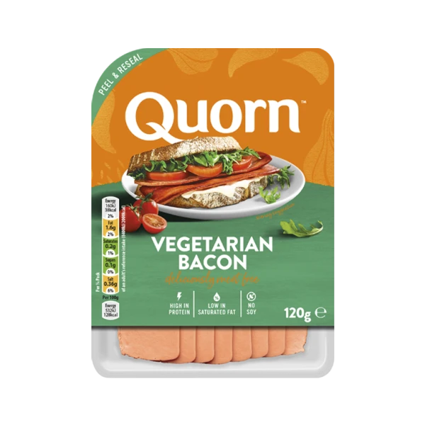 Meat free Quorn Vegetarian Bacon product packaging with nutritional information