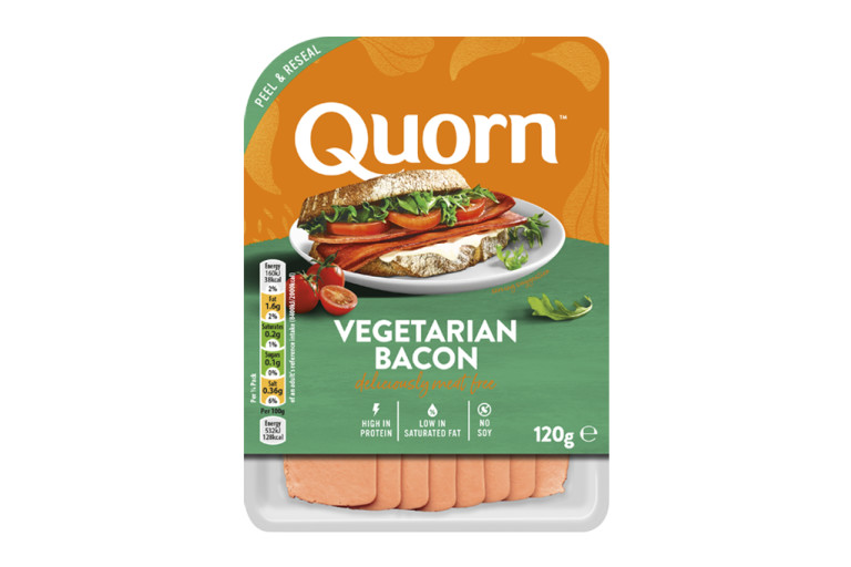 Meat free Quorn Vegetarian Bacon product packaging with nutritional information