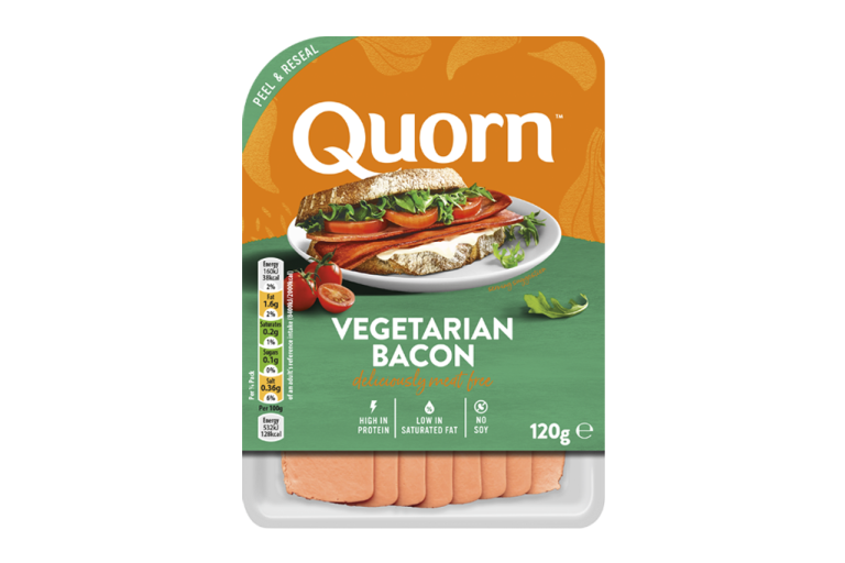 Meat free Quorn Vegetarian Bacon product packaging with nutritional information