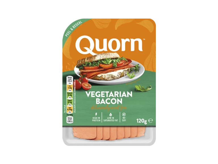 Meat free Quorn Vegetarian Bacon product packaging with nutritional information