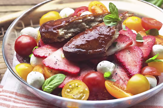 Pimm’s glazed Quorn fillets served on a fresh summer salad with strawberries tomatoes mozzarella and basil