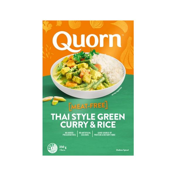 Quorn Thai Style Green Curry and Rice Ready Meal packaging. 