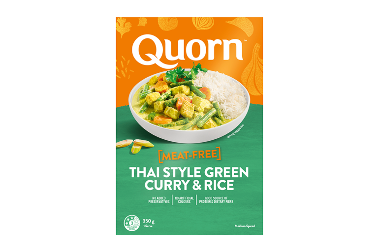 Quorn Thai Style Green Curry and Rice Ready Meal packaging. 