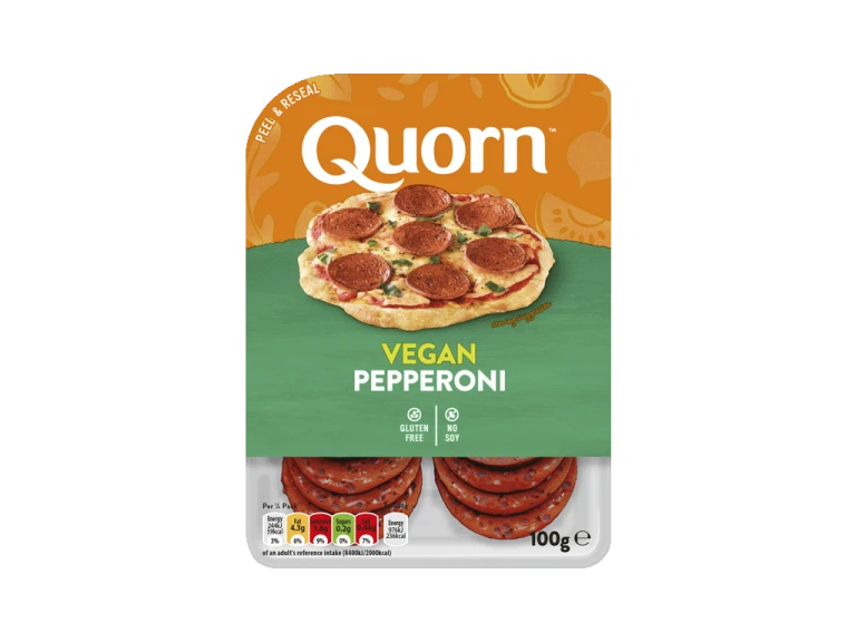 Quorn Vegan Pepperoni Slices packaging.