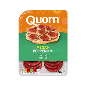 Meat free Quorn Vegan Pepperoni Slices product packaging with nutritional information
