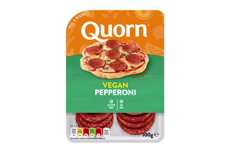 Quorn Vegan Pepperoni Slices packaging.