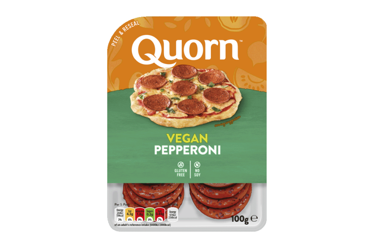 Meat free Quorn Vegan Pepperoni Slices product packaging with nutritional information