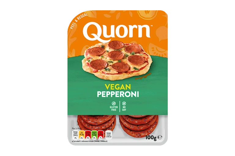 Quorn Vegan Pepperoni Slices packaging.
