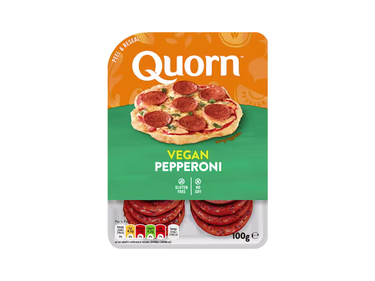 Quorn Vegan Pepperoni Slices packaging.