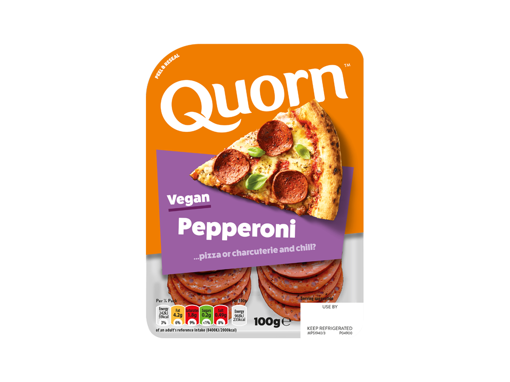 Quorn Vegan Pepperoni Slices packaging.