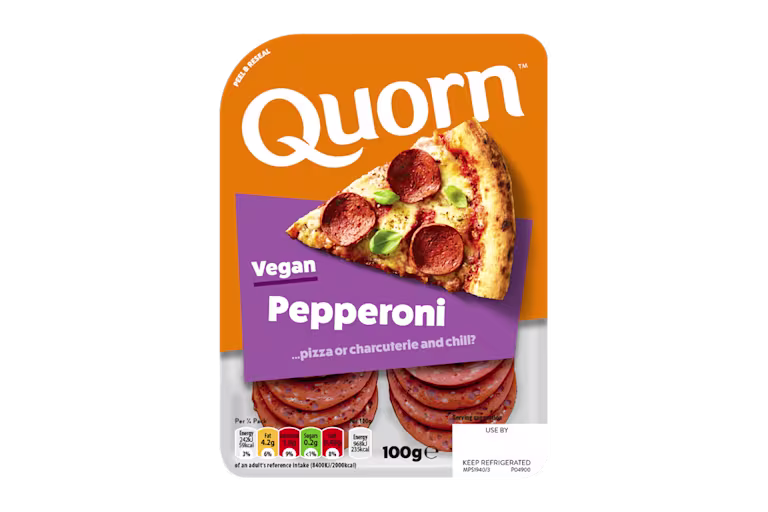 Meat free Quorn Vegan Pepperoni Slices product packaging with nutritional information