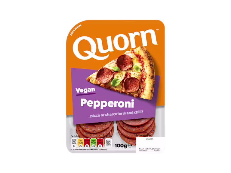Quorn Vegan Pepperoni Slices packaging.