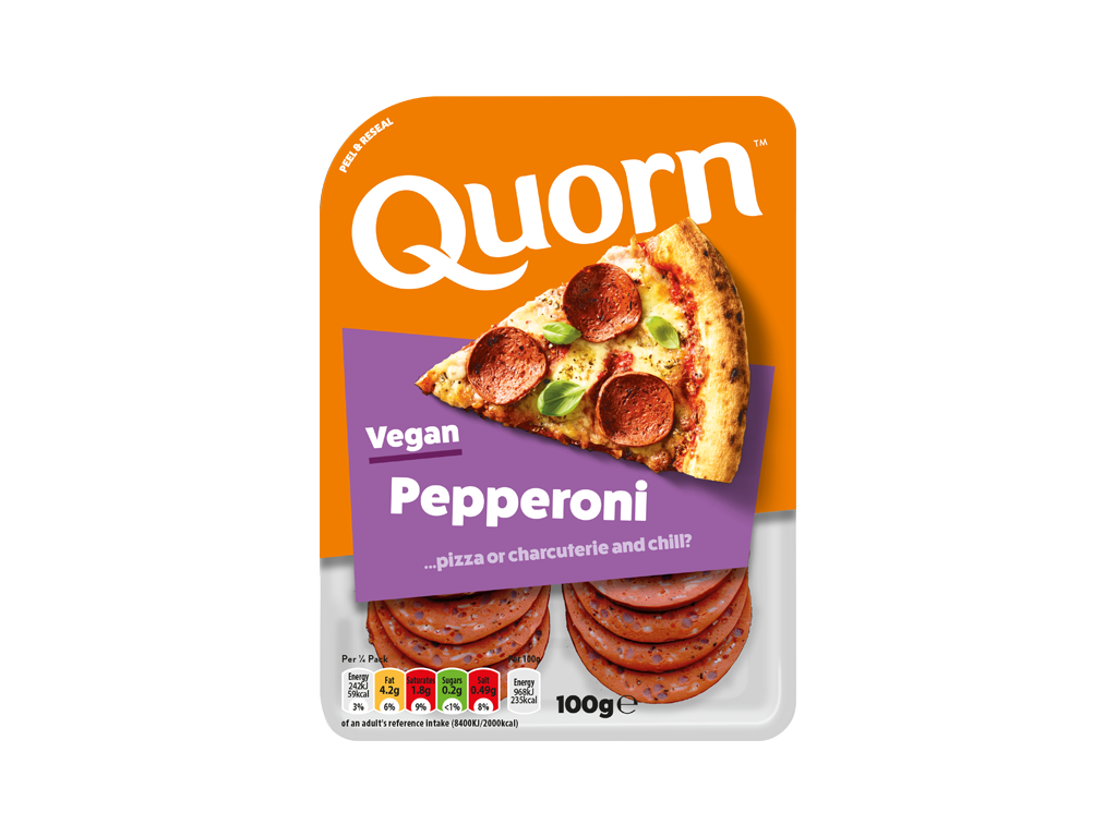 Quorn Vegan Pepperoni Slices packaging.