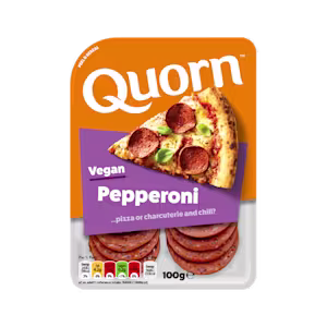 Meat free Quorn Vegan Pepperoni Slices product packaging with nutritional information
