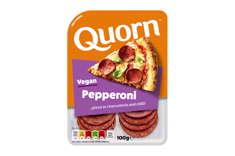 Quorn Vegan Pepperoni Slices packaging.