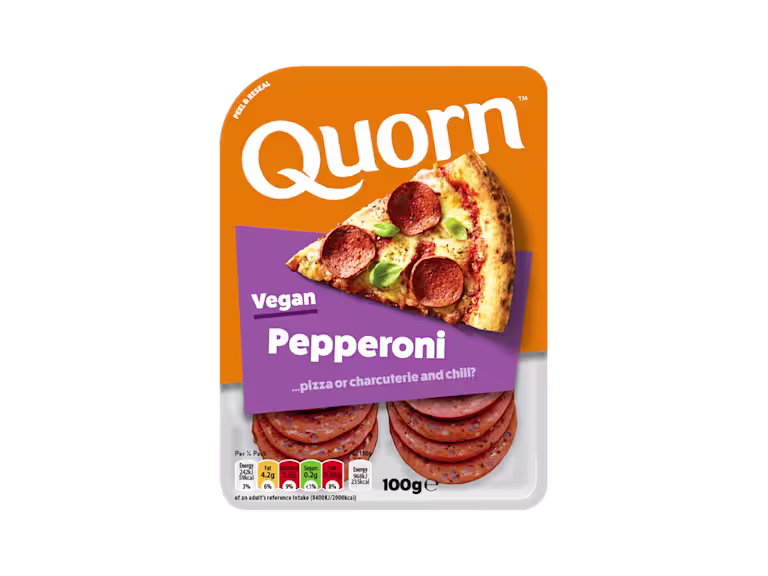 Quorn Vegan Pepperoni Slices packaging.