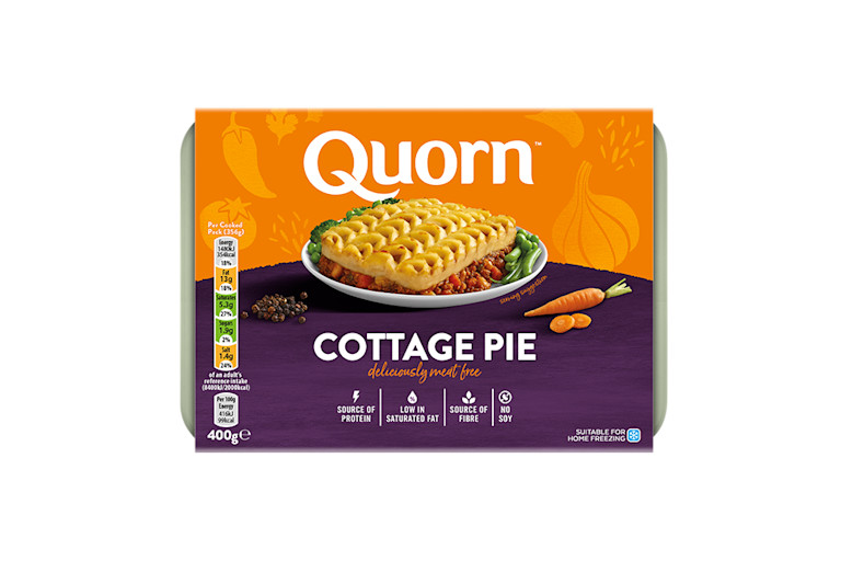 Quorn Comforting Cottage Pie packaging with nutritional information.