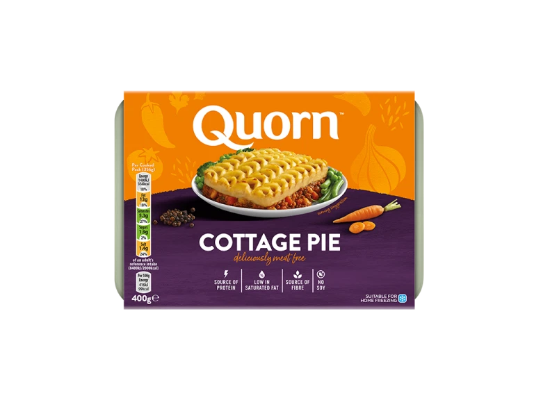 Quorn Comforting Cottage Pie packaging with nutritional information.