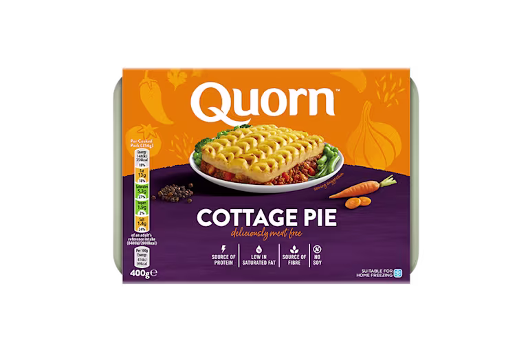 Quorn Cottage Pie packaging with nutritional information.