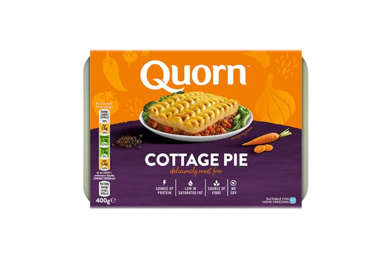 Quorn Comforting Cottage Pie packaging with nutritional information.