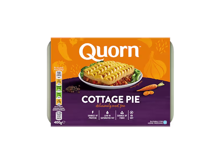 Quorn Cottage Pie packaging with nutritional information.