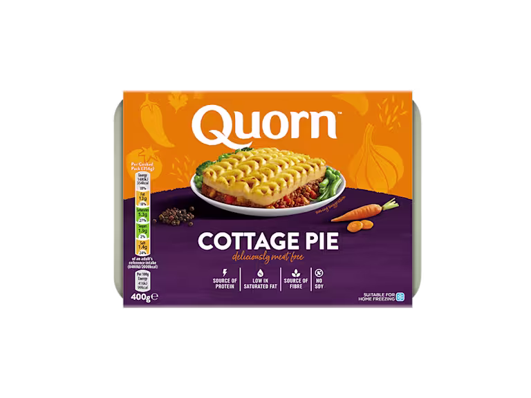 Quorn Cottage Pie packaging with nutritional information.