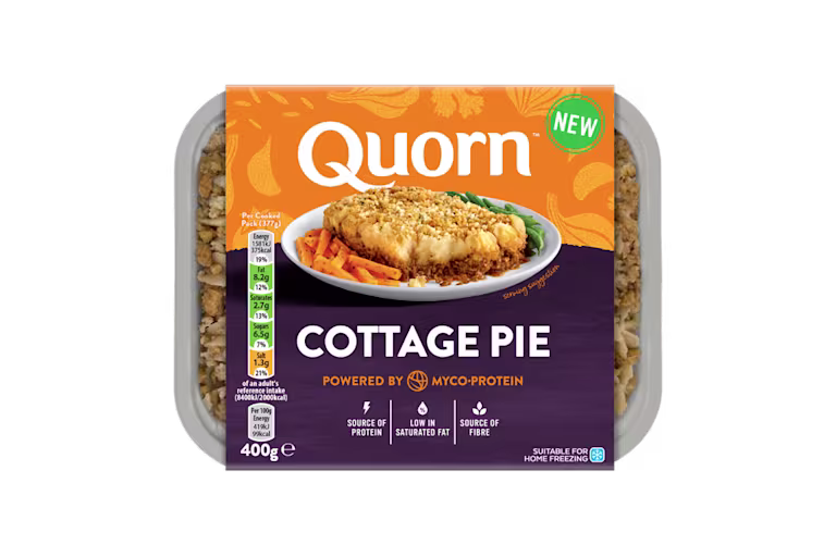 Quorn Cottage Pie packaging with nutritional information.