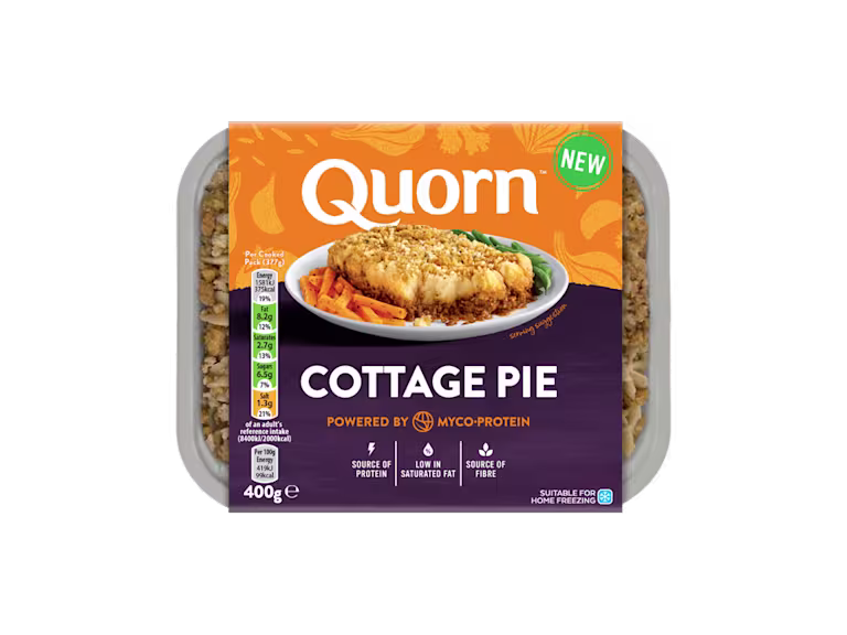 Quorn Cottage Pie packaging with nutritional information.