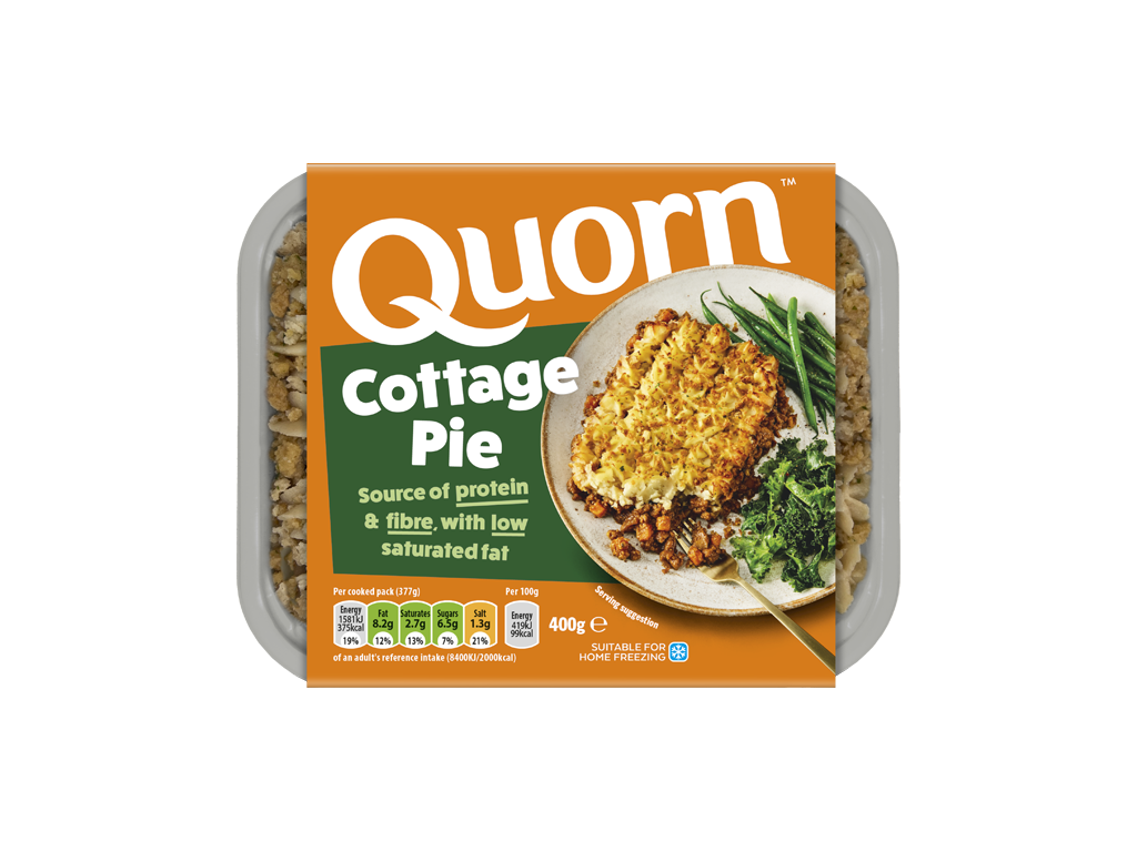 Quorn Cottage Pie packaging with nutritional information.