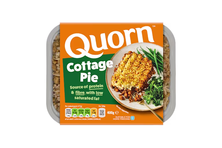 Quorn Cottage Pie packaging with nutritional information.