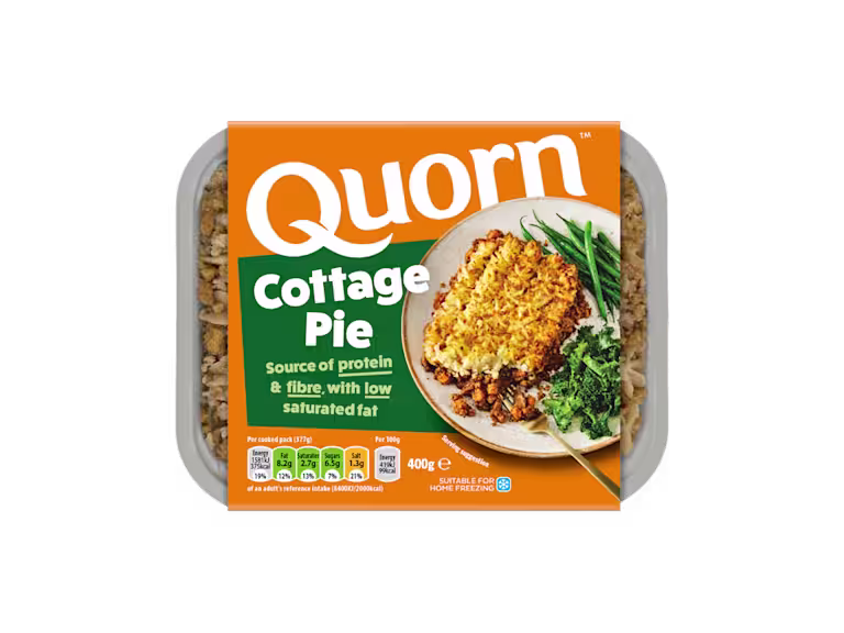 Quorn Cottage Pie packaging with nutritional information.