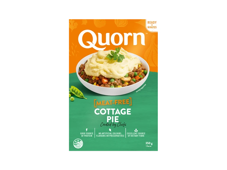 Quorn Comforting Cottage Pie packaging with nutritional information.
